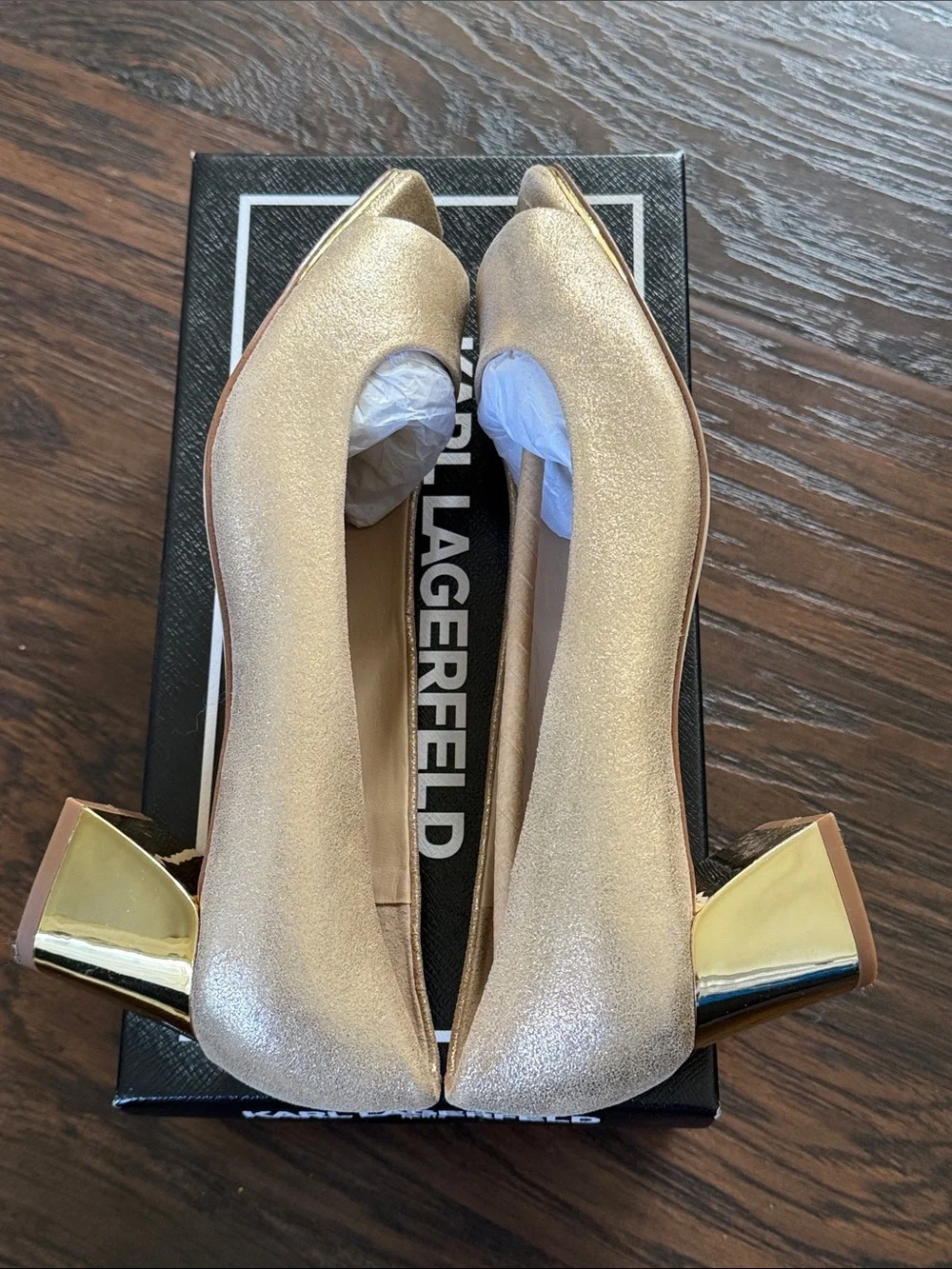 Karl Lagerfeld Metallic Suede Gold Square-Toe Block Heel